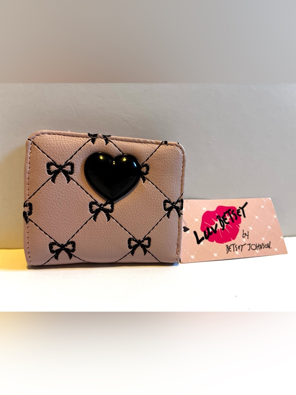 Betsey Johnson Pink Wallet with Black Heart & Bows Accent